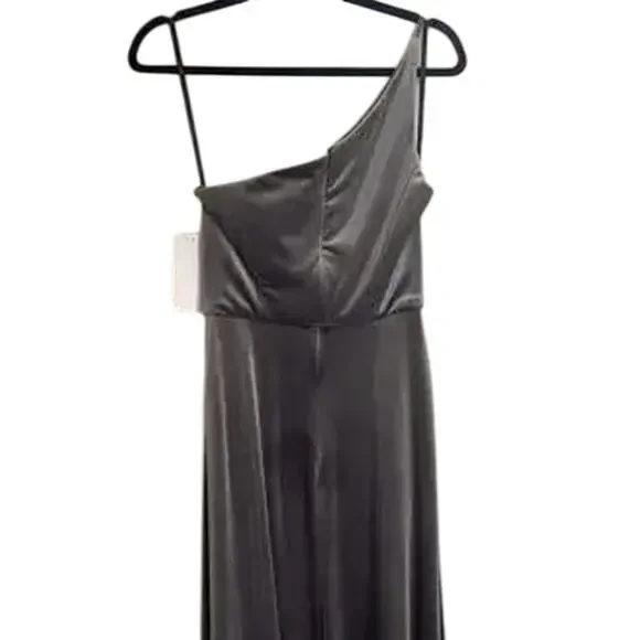NWT After Six One Shoulder Spaghetti Strap Velvet Maxi Gown Dress 14 Caviar Gray - Picture 6 of 15